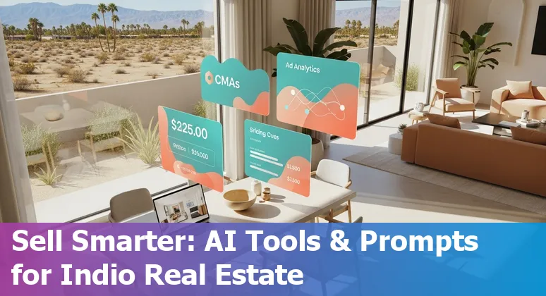 Real estate agent using AI tools on a laptop with Indio, California homes in background