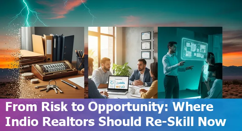 Real estate agent and AI icons over Indio, California skyline with desert background.