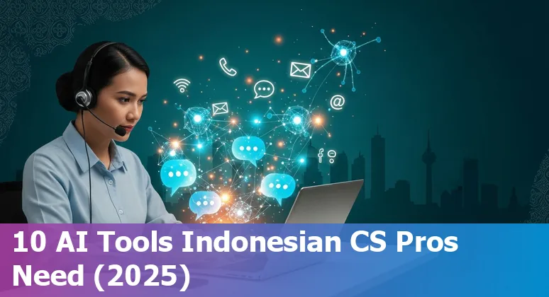 Collage of AI tools logos (Kata.ai, ChatGPT for Business, Sahabat‑AI, Intercom, Emitrr, Dialpad, Zoom AI, Otter.ai, ADVANCE.AI, Slack) over a map of Indonesia