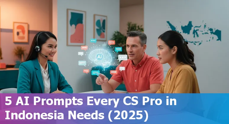 Indonesian customer service agent using AI prompts on a laptop with chat bubbles and tool icons.