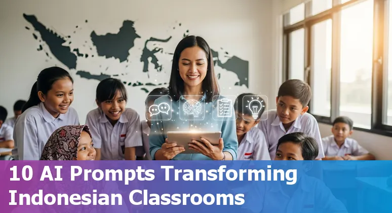 Indonesian classroom using AI tools: teacher with tablet, students interacting with virtual lesson and data dashboard
