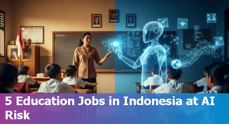 Teacher and school staff using AI tools on laptop with Indonesian school in background