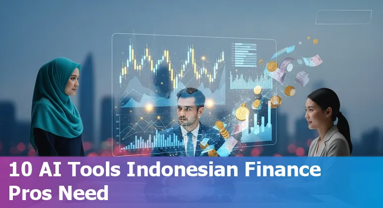 Collage of AI tools logos with Indonesian finance icons: rupiah, bank buildings and charts.