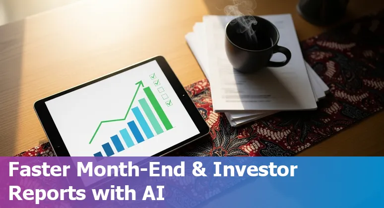 Finance professional using AI prompts on a laptop with Indonesian rupiah notes and financial charts on screen