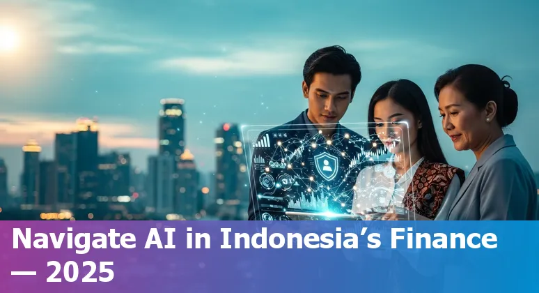 Graphic showing AI in Indonesia's financial services 2025: banks, data centers, fintech apps and regulatory documents in Indonesia.