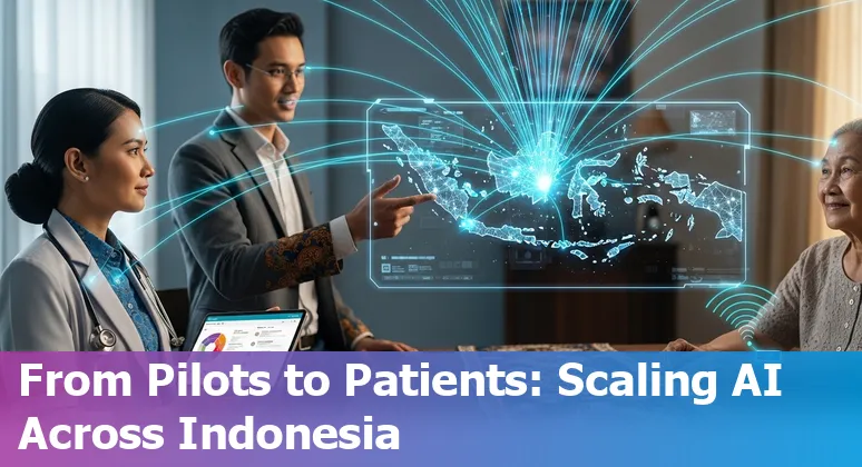 Illustration of AI in Indonesian healthcare: hospitals, Satu Sehat records, and pilots in Indonesia