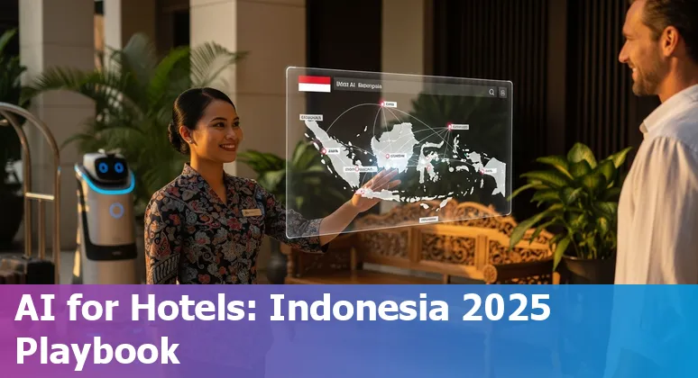 AI in hospitality 2025 illustration showing Indonesian hotel, chatbot, smart room and Indonesia map