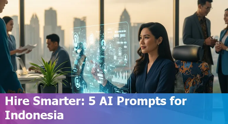 HR professional in an Indonesian office reviewing AI prompt templates on a laptop