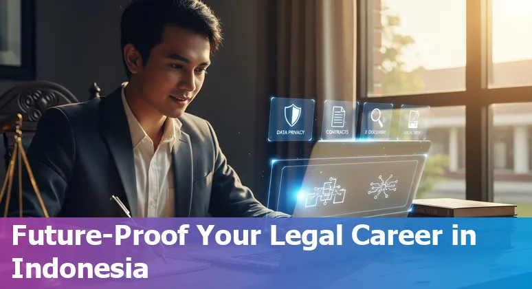 Indonesian lawyer using AI tools on a laptop with Indonesian flag — AI and legal jobs in Indonesia 2025