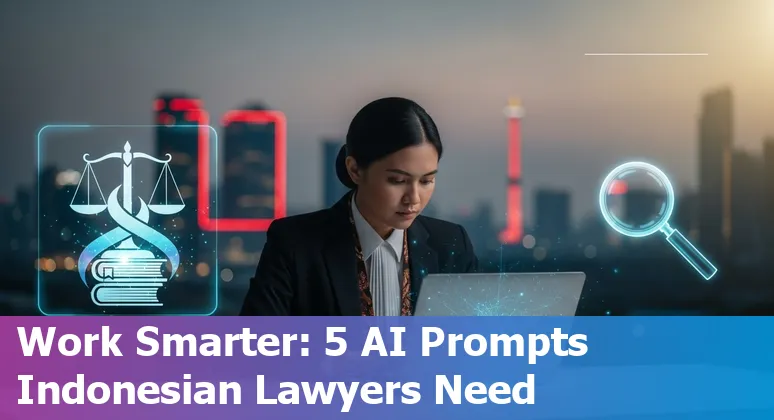 Illustration of Indonesian lawyer using AI on laptop with contract templates and legal research on screen