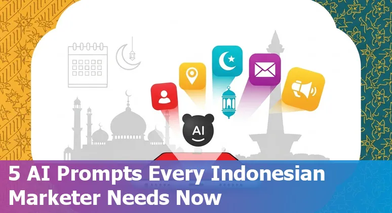 Marketer in Indonesia using AI prompts on laptop with icons for ChatGPT, Twilio Segment, Canva, Hootsuite over an Indonesian map