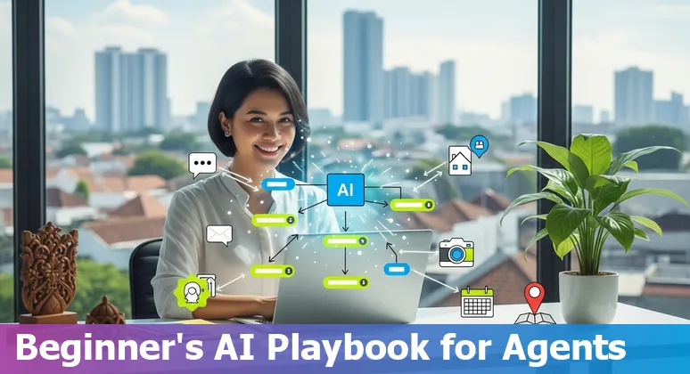 Illustration of AI tools helping Indonesian real estate agents create listings, valuations, and manage properties