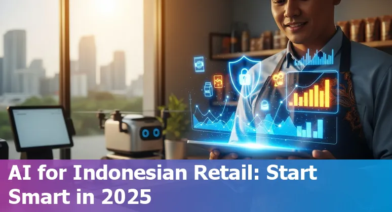 Illustration of AI in retail in Indonesia showing chatbot, inventory dashboard, and policy icons for Indonesia in 2025
