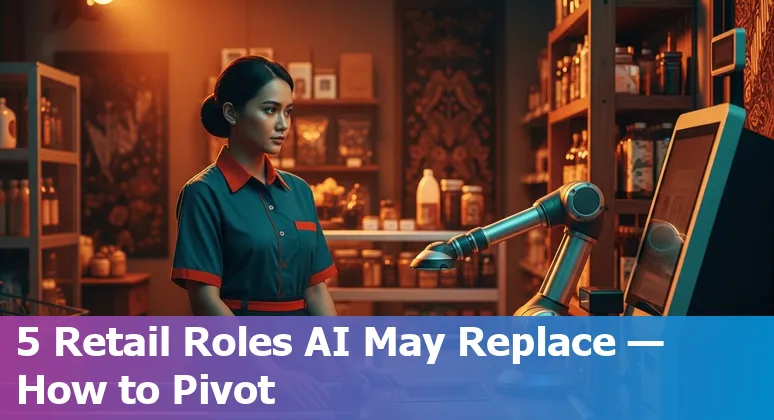 Indonesian retail cashier using POS while AI tools and robots operate nearby