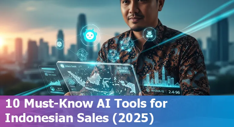 Indonesian sales professional using AI sales tools on laptop, logos of Cognism, LinkedIn Sales Navigator, ZoomInfo visible