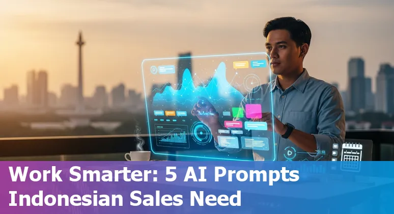 Indonesian sales professional using AI prompts on a laptop with charts and local news headlines visible.