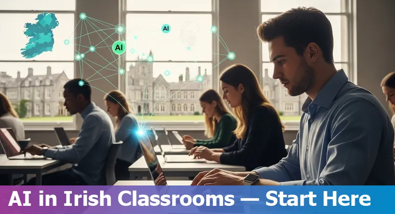 Illustration of AI in Ireland education 2025 showing students, teachers, AI tools and Trinity College Dublin skyline in Ireland
