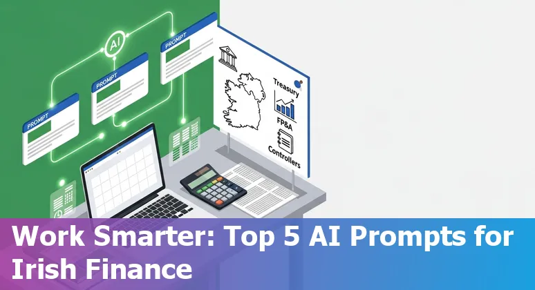 Finance professional using AI prompts on a laptop with Irish euro and pound symbols in the background
