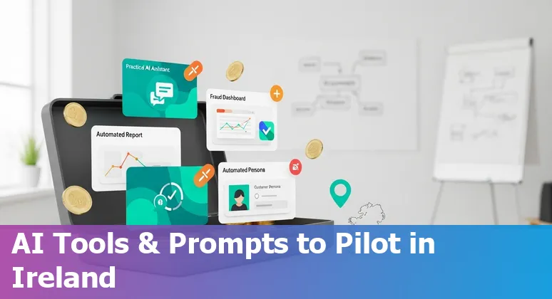 Graphic showing AI icons, financial charts and an outline of Ireland highlighting finance and tech connections