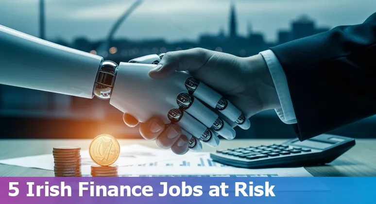 Illustration of five financial services job roles at risk from AI in Ireland with adaptation steps and industry logos.