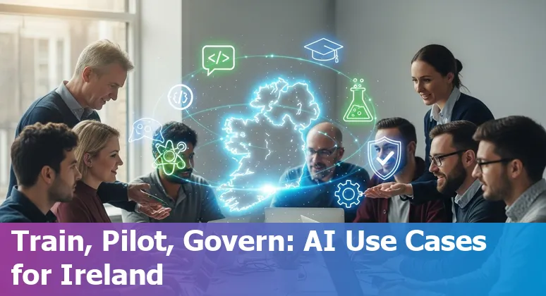 Illustration of AI supporting Irish public services with government buildings and digital icons