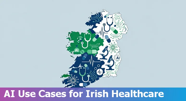 Illustration of AI in Irish healthcare showing radiology, wearables, chatbots and policy icons over a map of Ireland