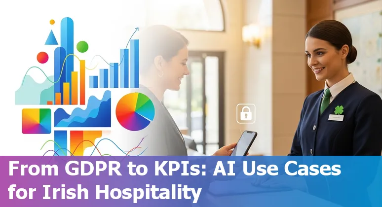 Hotel front desk with AI icons and Ireland map, illustrating AI use cases for Irish hospitality.