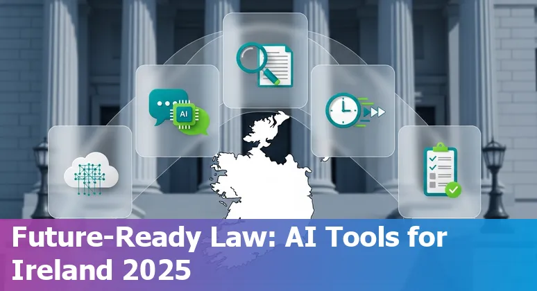 Irish lawyer using AI tools on a laptop with legal documents and the Irish flag on the desk