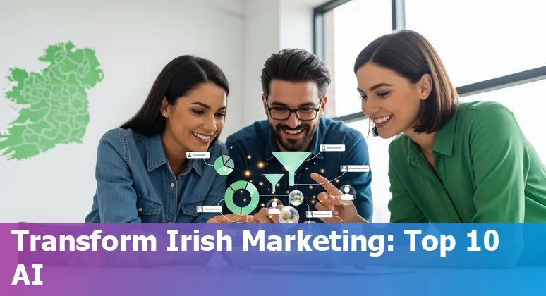 Illustration of an Irish marketer using AI tools like ChatGPT, Google Gemini and Canva on laptop and smartphone