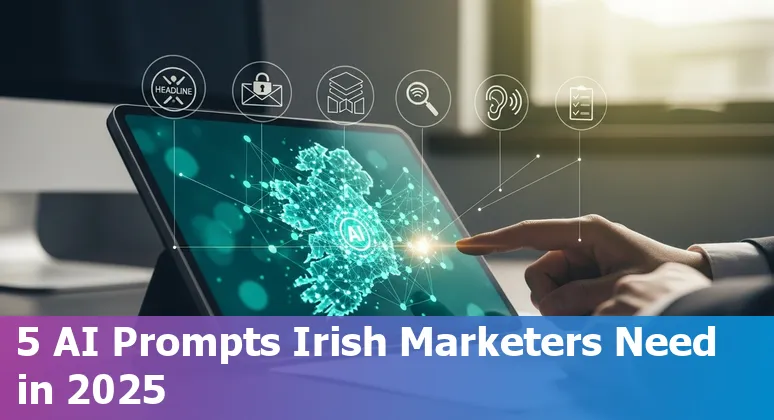 Illustration of Irish marketing tasks automated by AI prompts: headlines, email, SEO, social listening and campaign reports