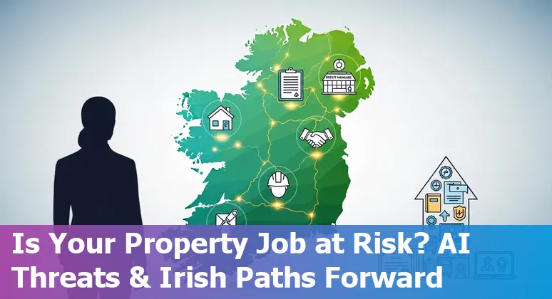 Real estate professional using AI tools on a laptop with an Irish city skyline in the background