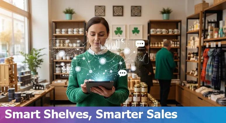 Illustration of AI-driven retail tools: chatbot, inventory charts, personalised product recommendations in an Irish shop.