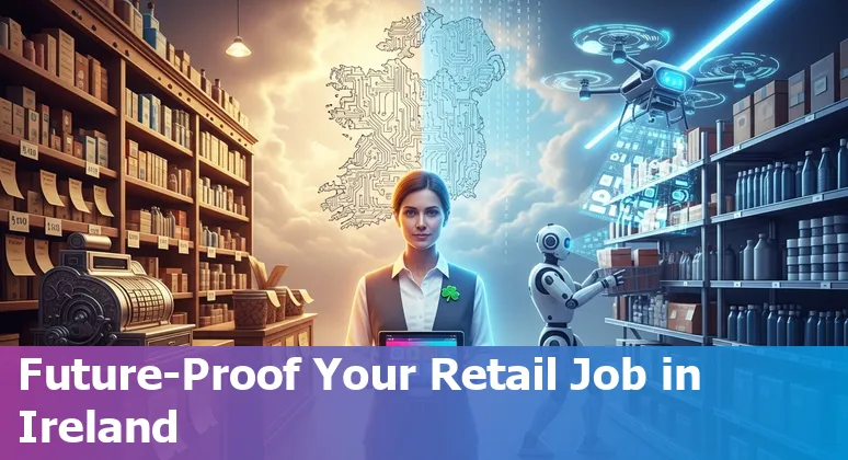 Retail worker using a tablet in a shop with a self-service checkout and warehouse robots in the background