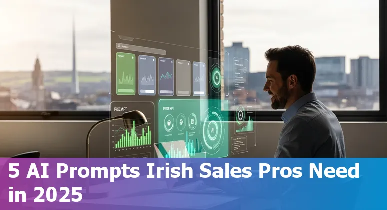 Sales professional in Ireland reviewing AI prompt templates on a tablet with Dublin skyline in the background