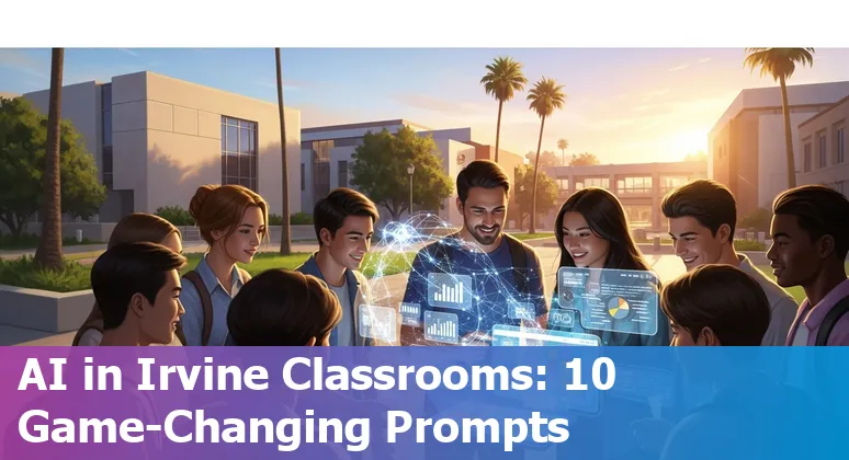 Teacher using AI tools on a laptop with students in an Irvine classroom, icons for tutoring, VR, accessibility, and analytics.