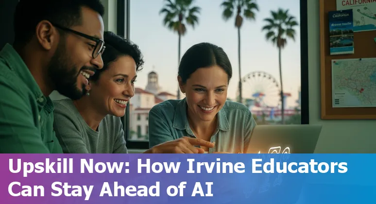Teacher and librarian using AI tools in an Irvine classroom with California coastline visible.