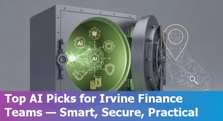 Finance professional reviewing AI tool list on a laptop with Irvine skyline in background