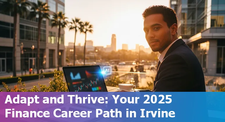 Person using AI finance dashboard with Irvine, CA skyline in the background - 2025 California finance jobs context