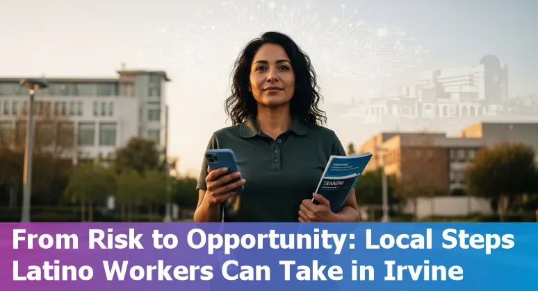 Irvine cityscape with municipal workers and icons for AI, training, and digital access