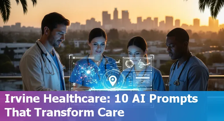 Healthcare AI concepts: chatbot, EHR scribe, imaging and remote monitoring icons over an Irvine skyline background