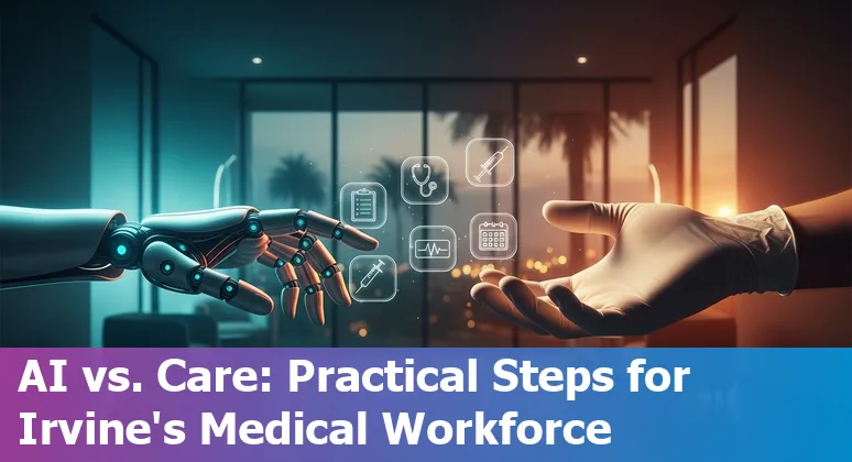 Healthcare worker using EHR with AI assistant overlay in an Irvine clinic.