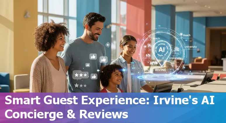 Hotel staff using AI tools on a laptop with Irvine skyline in background, icons for chatbots, pricing, invoices.