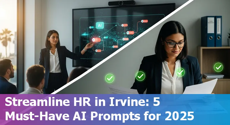 HR professional in Irvine using AI prompts on a laptop to draft job descriptions and policies, with an Irvine skyline in the background.