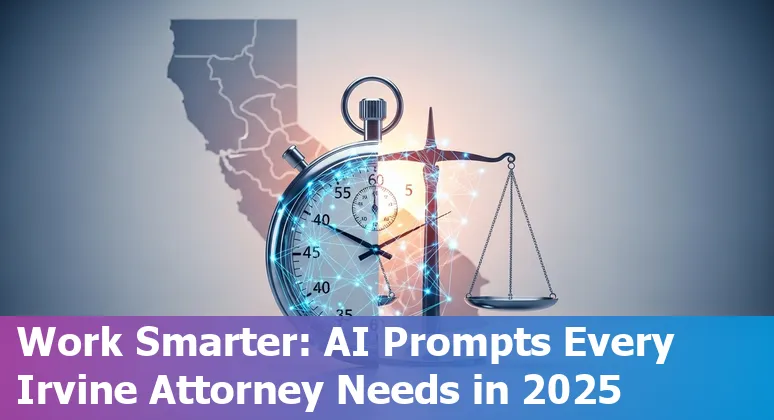Irvine legal professional using AI-assisted prompts on a laptop with California map and legal documents on screen