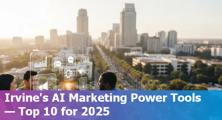 Top 10 AI marketing tools 2025 list with icons representing Jasper, MarketMuse, ManyChat, Seventh Sense, SurferSEO, SEMRush, Grammarly, HubSpot, Phrasee, Acrolinx