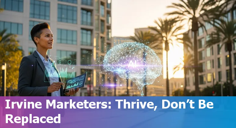Marketing professional using AI tools in Irvine, California, US skyline background