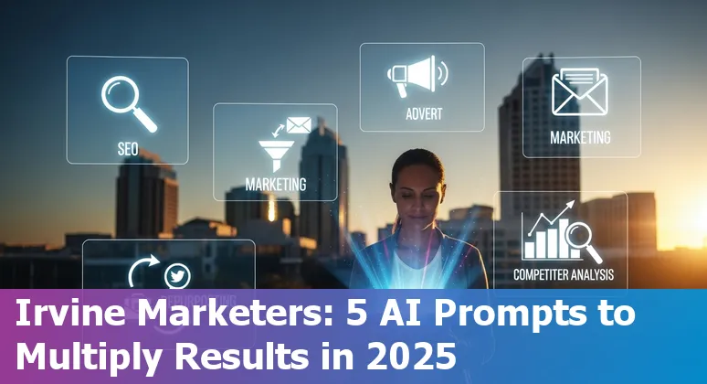 Marketing professional in Irvine using AI tools on laptop with UC Irvine campus in background
