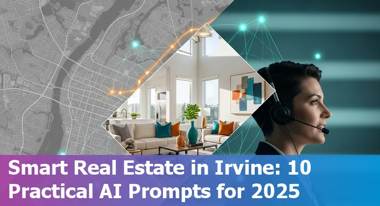 Irvine skyline with AI icons and real estate overlays representing property valuation and site selection.