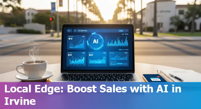 Sales professional using AI tools in Irvine, California in 2025 skyline background