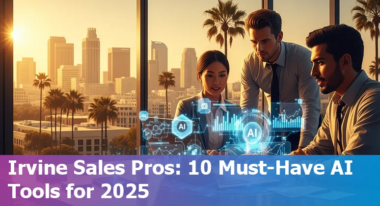 Sales professional using AI tools on a laptop with Irvine skyline in the background